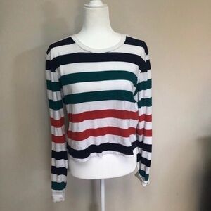 Me to We Striped Long-Sleeve Crewneck Top in White, Navy, Green & Red